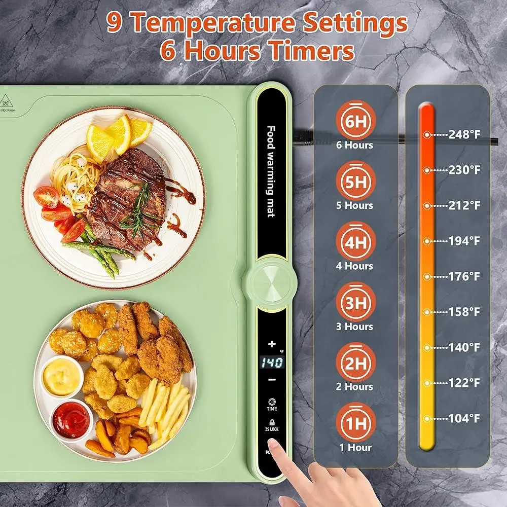 Electric Food Warming Mat Rapid Heating Tray with 9 Temperature Levels 6 Hour Timer Silicone Food Warmer Cooking Accessories