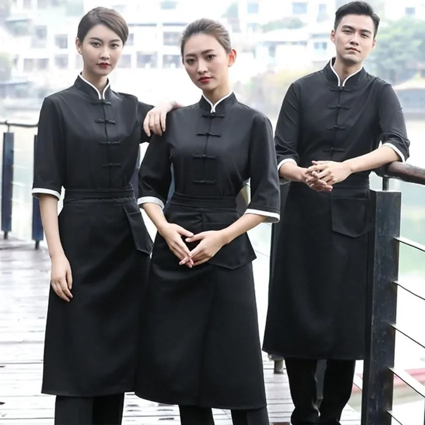 

Chinese Restaurant Chef Uniform Waiter Clothes Traditional Tang Suit Cook Half Sleeve Shirt Unisex Apron Women Men Solid Color