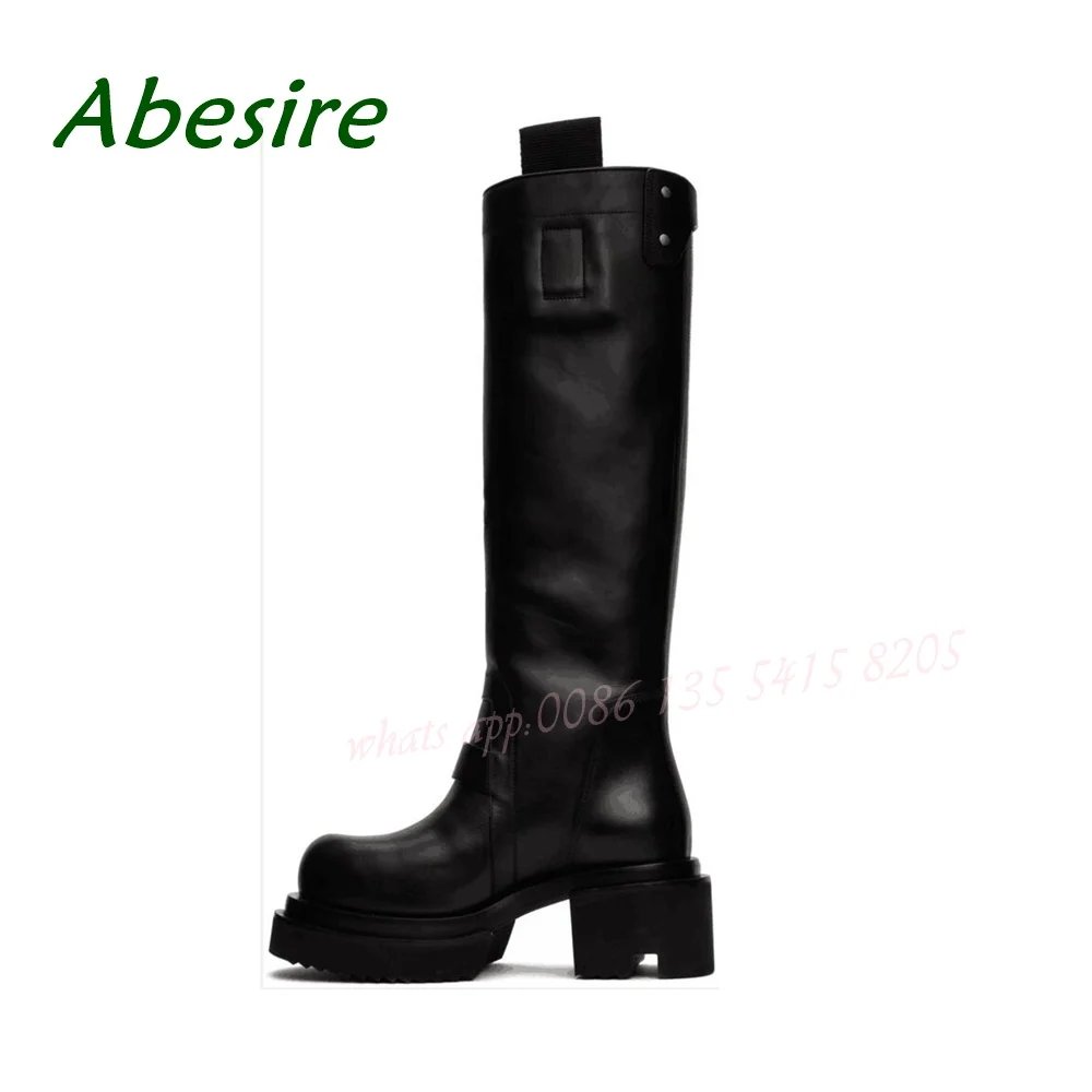 Black Block Heels Knee High Boots Slip On Round Toe Platform Gladiator Women\'s Boots Leather Solid 2023 New Arrival Elegant Sexy