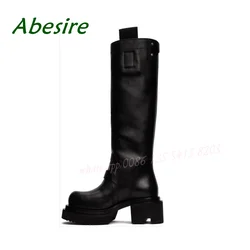 Black Block Heels Knee High Boots Slip On Round Toe Platform Gladiator Women's Boots Leather Solid 2023 New Arrival Elegant Sexy