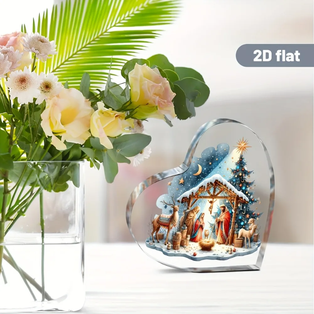 CIFBUY Acrylic Ornament 1pc Heart Shape Nativity Scene Christmas Tree Deer Snowy Night Desktop Sign Home Bookshelf Decor Gift Or