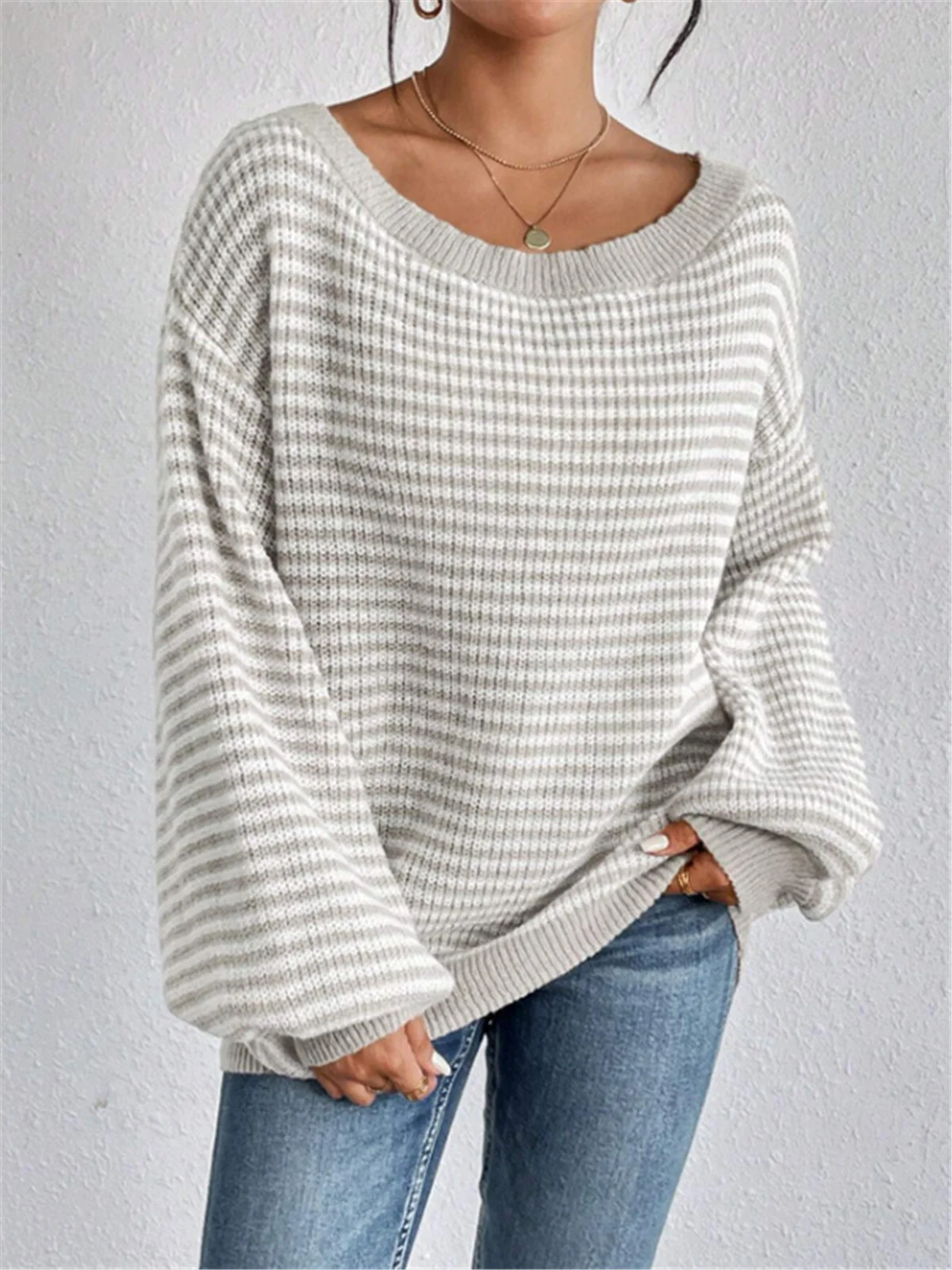 Long Sleeve Top Knitted Korean Fashion Fall Striped Pattern Sweaters Vintage Clothes Off Shoulder Tops Sexy Pullovers Knitwear