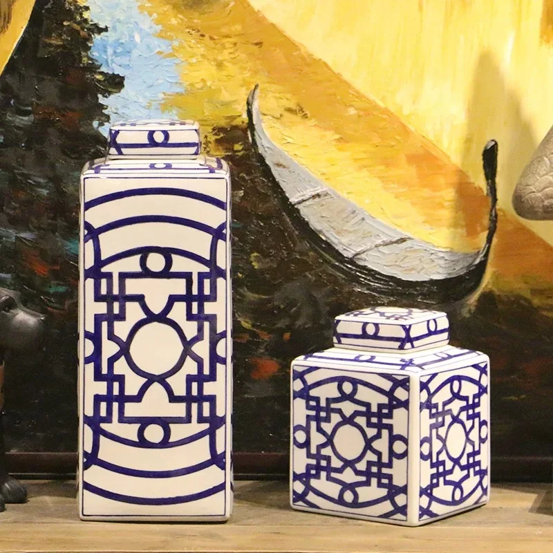 

Chinese Style Ceramic Jar Blue and White Porcelain Square Storage Retro with Cover Flower Vase Organization Home Decoration