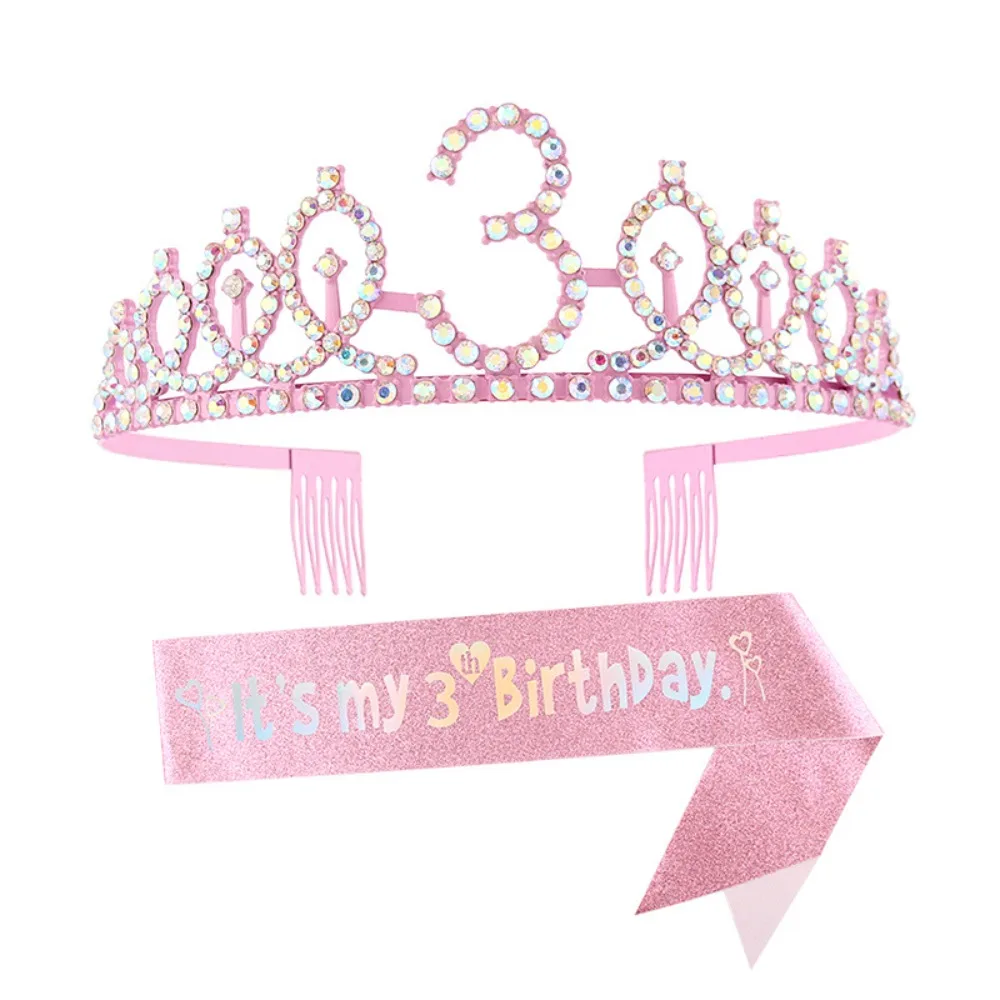 It's My 3 6 7 8 9 10 Birthday Sash and Rhinestone Tiara Crown Pink for Children Girls Women Birthday Party Decorations Supplies