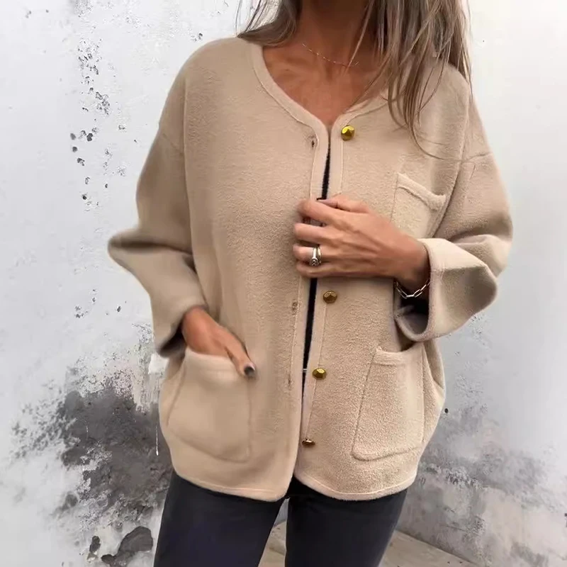 

Women Causal Long Sleeves Solid Loose Short Jackets Fashion Single Breasted Loose Coats Elegant O-neck Wram Cardigan Outerwears