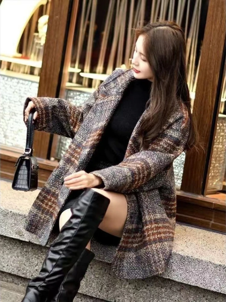 Tweed Blends Women Elegant Fashion Korean Autumn Winter Coat Streetwear Casual Slouchy Plaid Aesthetic Clothing Outwear Womens