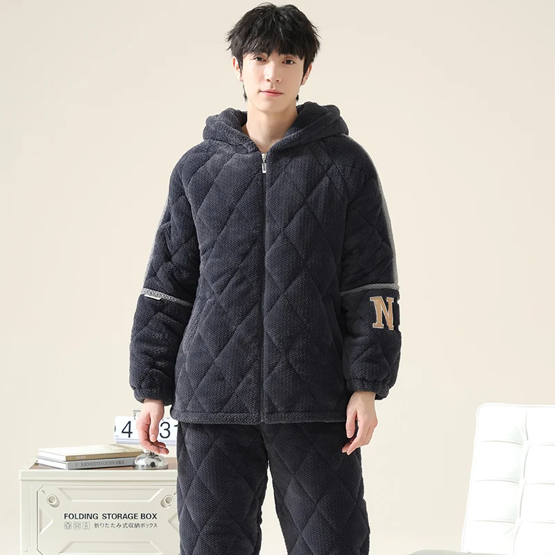 

Newest Winter Hooded Pajamas Set Men Thick 3 Layer Clip Cotton Sleepwear Suits Men's Clothing Pijama Hombre