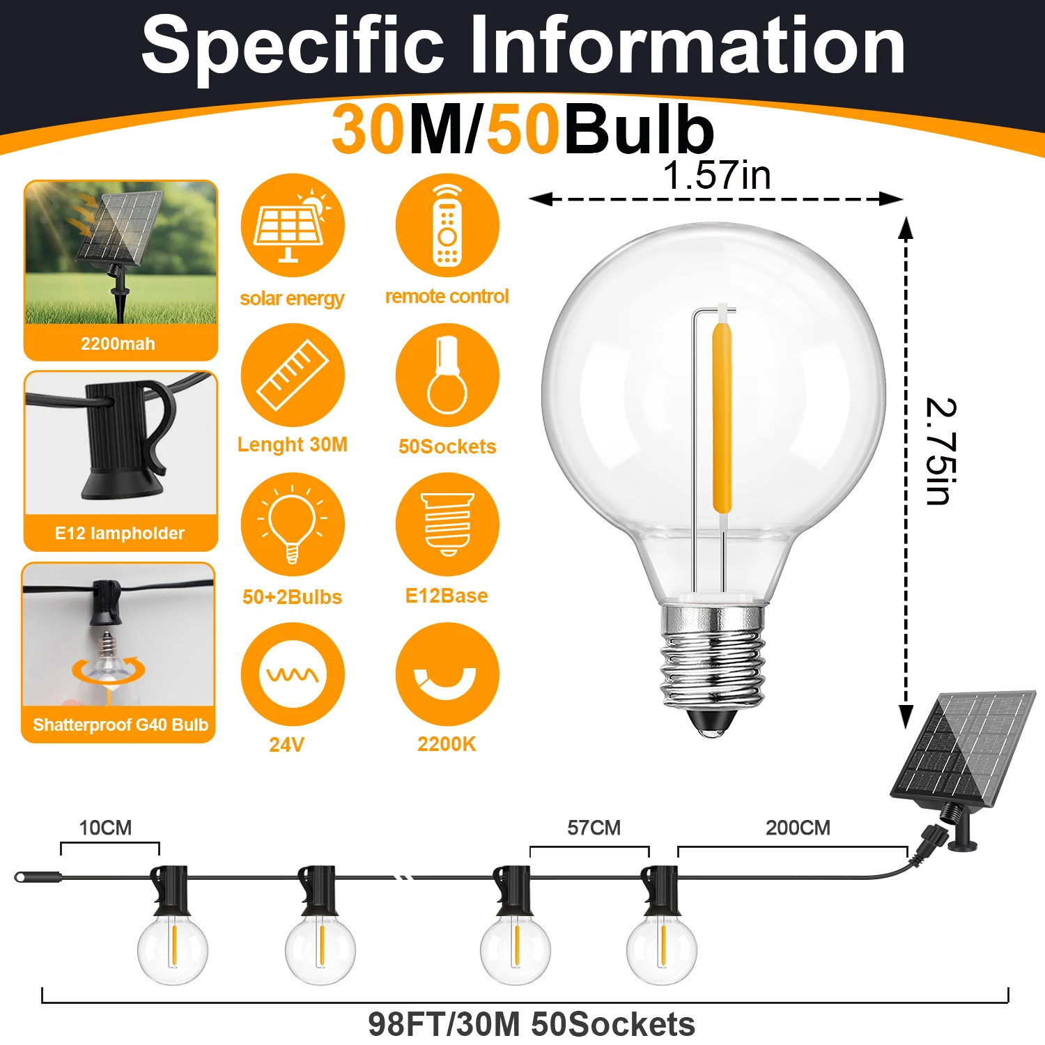 Led G40 Solar Globe Led Lichtslingers Buiten Waterdicht Onbreekbaar Solar Hanglampen voor Achtertuin Bistro Decoratie Licht - afbeelding 1