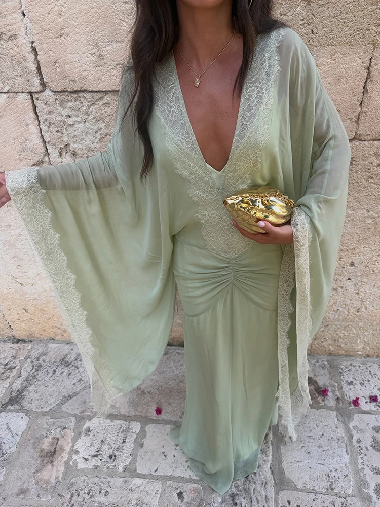 Zartes Grünes Spitzenkleid mit V-Ausschnitt, Maxi-Länge, Schicke Weite Ärmel, Plissiert, Schlanke Passform, Mehrschichtiges Abendkleid, Hochzeitsgast-Robe 2026 – Detail 16