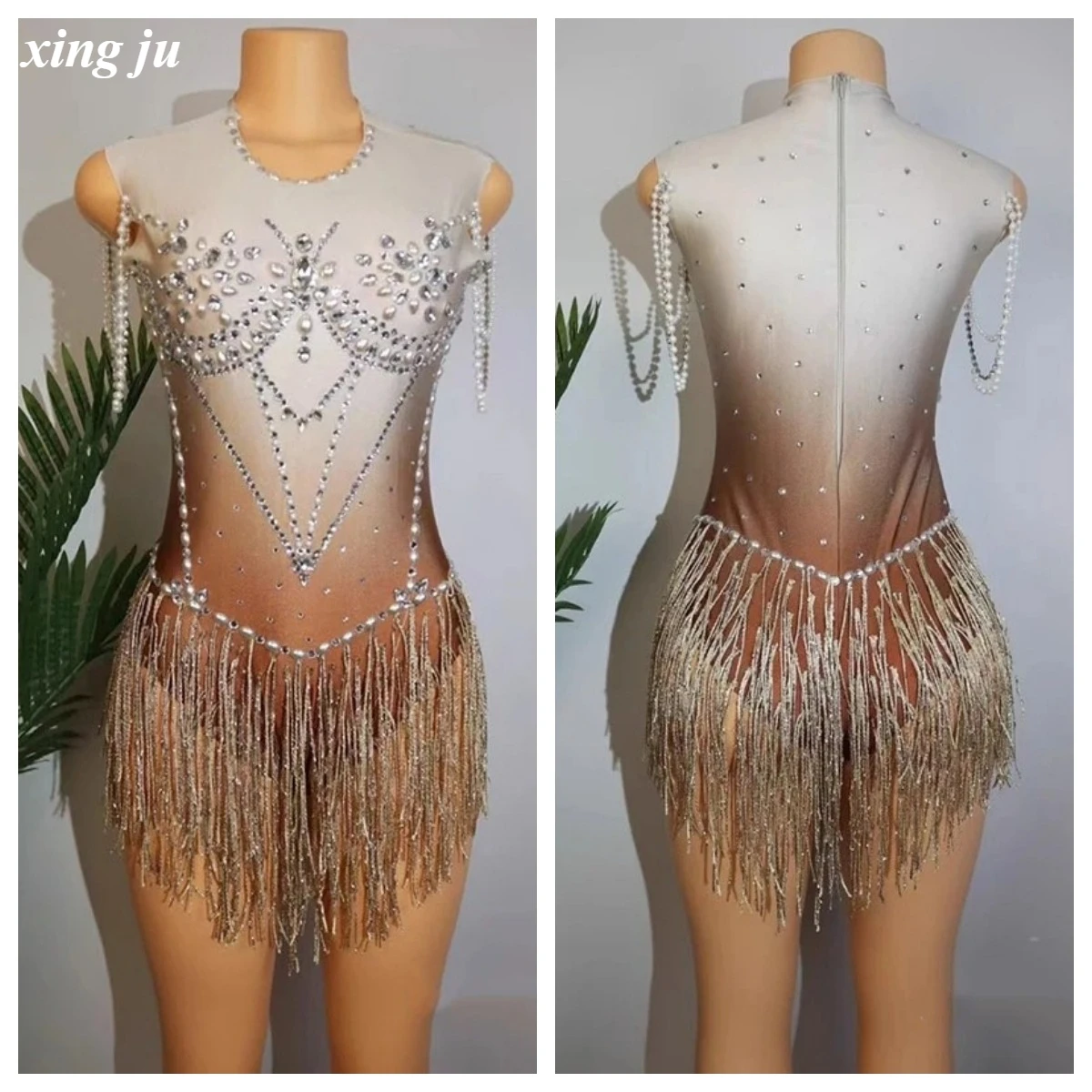 

Xing Ju Custom Luxury Rhinestones Pearls Fringed Bodysuit Women Dj Party Outfits Nightclub Singer Costume Stage Jazz Dance Wear