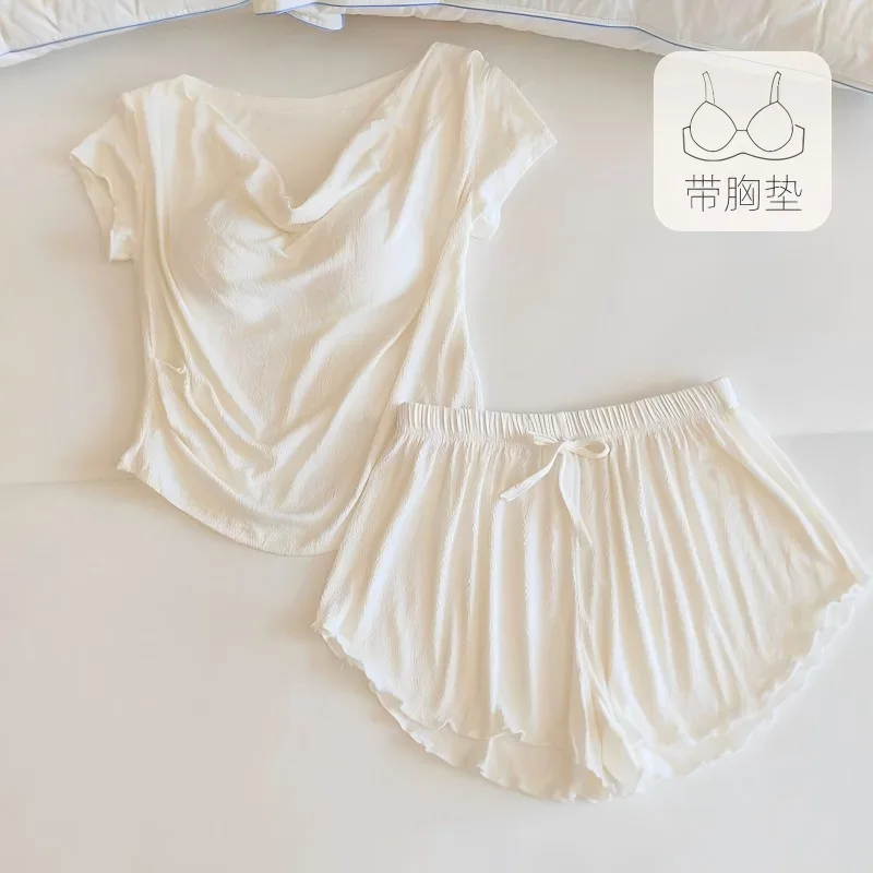 Summer Hmoewear Modal Ribbed Pajamas Woman Chest Padding Simple V-Neck Solid Color Girl Sleepwear Ladies Ice Silk Homewear Set