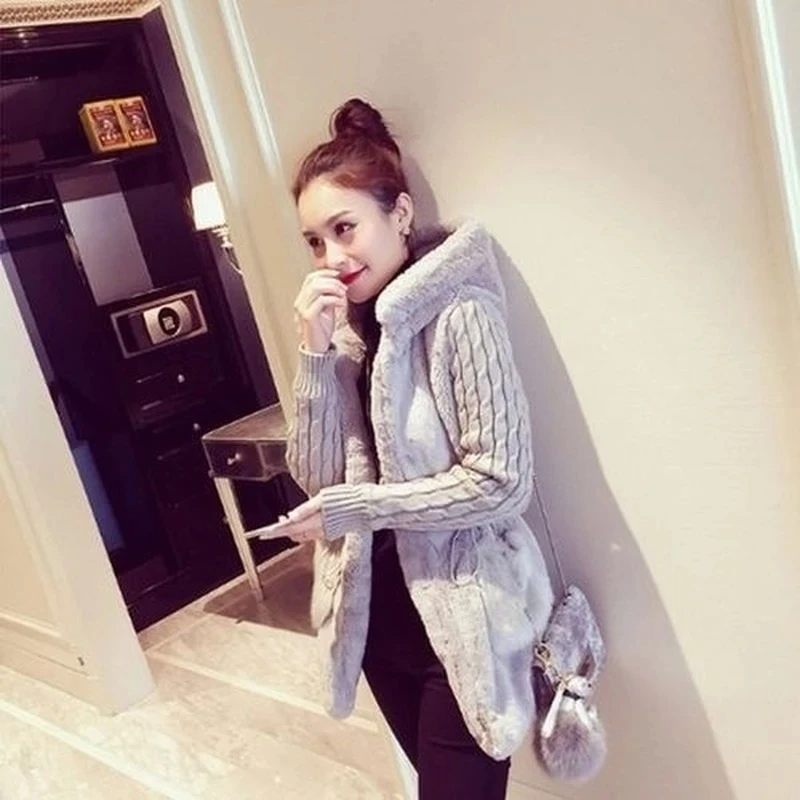 Fashion Faux Fur Coats Women Winter Hooded Zipper Chic Outwear Female Patchwork Thick Warm Fur Luxury Knitted Jacket Lady XQ43