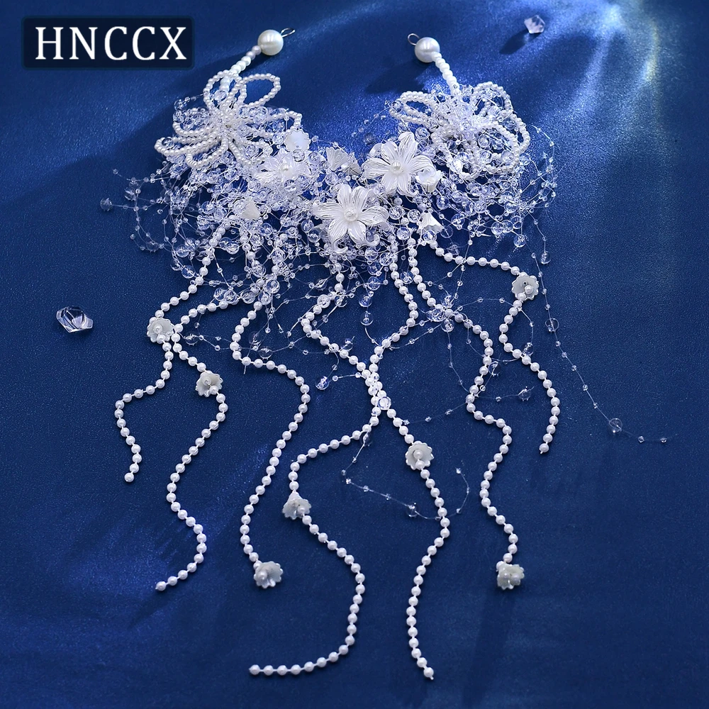 HNCCX Trendy White Color Pearl Flower Headband Bridal Tiara For Women Bride Pearl Tassel Luxury Wedding Hair Accessories CP741 ﻿