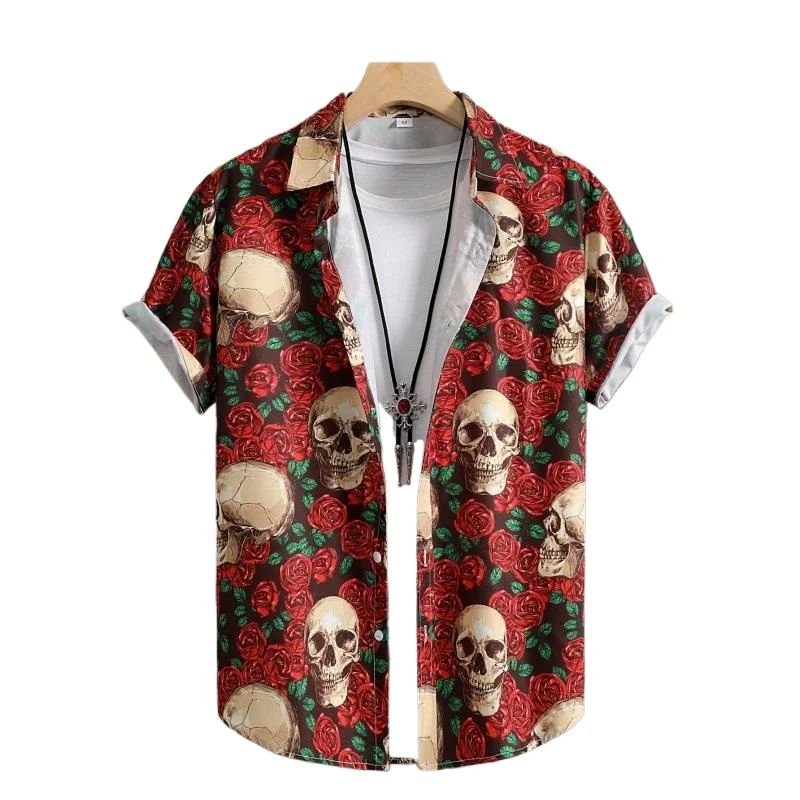 Men Short Sleeve Shirt Retro Summer Red Rose Skull Shirt for Men