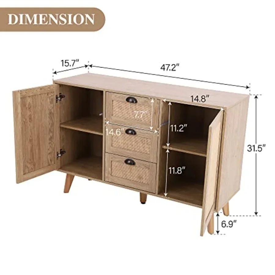 Cabinet Sideboard, Buffet Cabinet with Storage for Dining Room, Solid Wood, Natural Oak Finish, Ample Concealed Storage Space