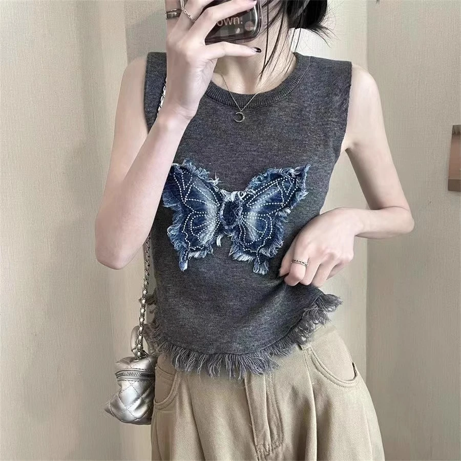 

Women's Clothing Fashion Vintage Butterfly Patch Tassel Crop Tank Tops Street Trend Summer Female Casual Sleeveless Slim Vest