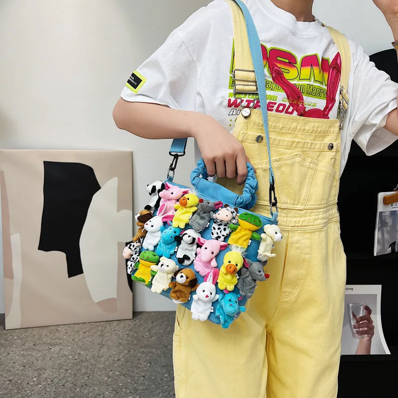 Fashion Women Denim Bucket Cartoon Toy Decoration Handbags and Purses for Female Cute Dolls Design Shoulder Bags Crossbody Bags