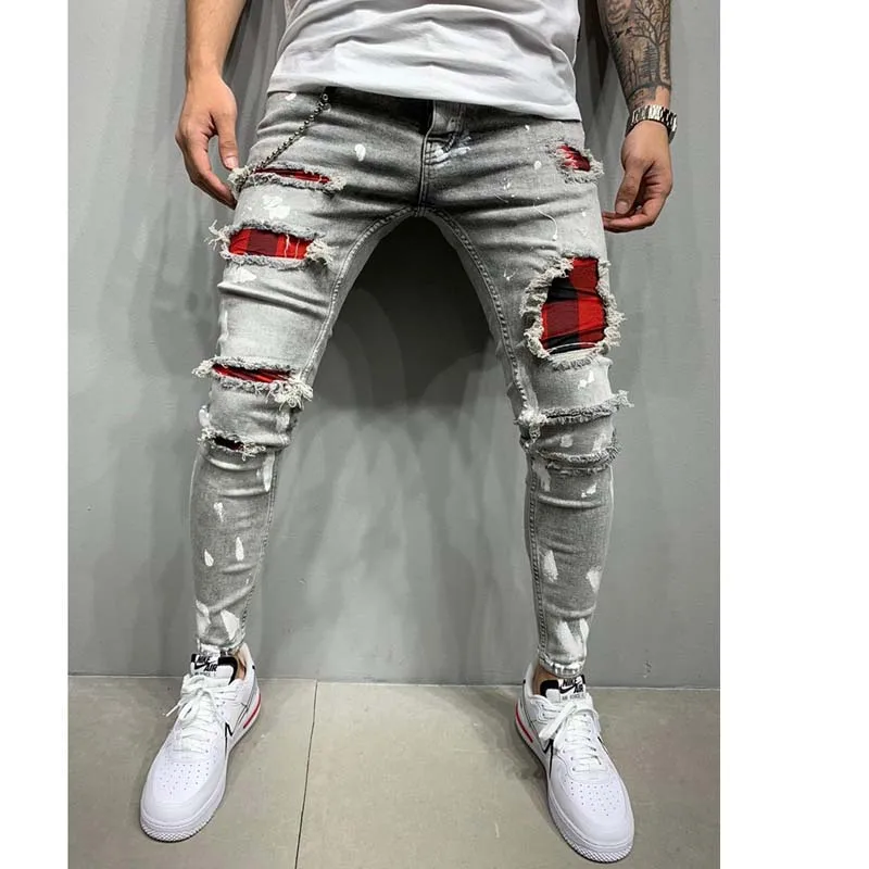 

2022 Men's Ripped Skinny Jeans Patchwork Grid Stretch Casual Denim Pencil Pants Man Fashion Painting Jogging Trousers