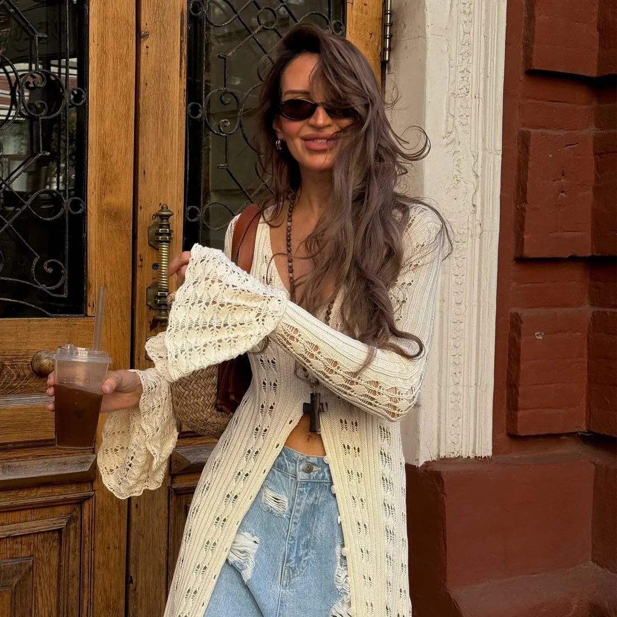 

Pure Color Long Style Knit Cardigan, Hollow Out Bell Sleeve Casual Dress, Slim-Fitting All Seasons Fashion, Plain Pattern Style