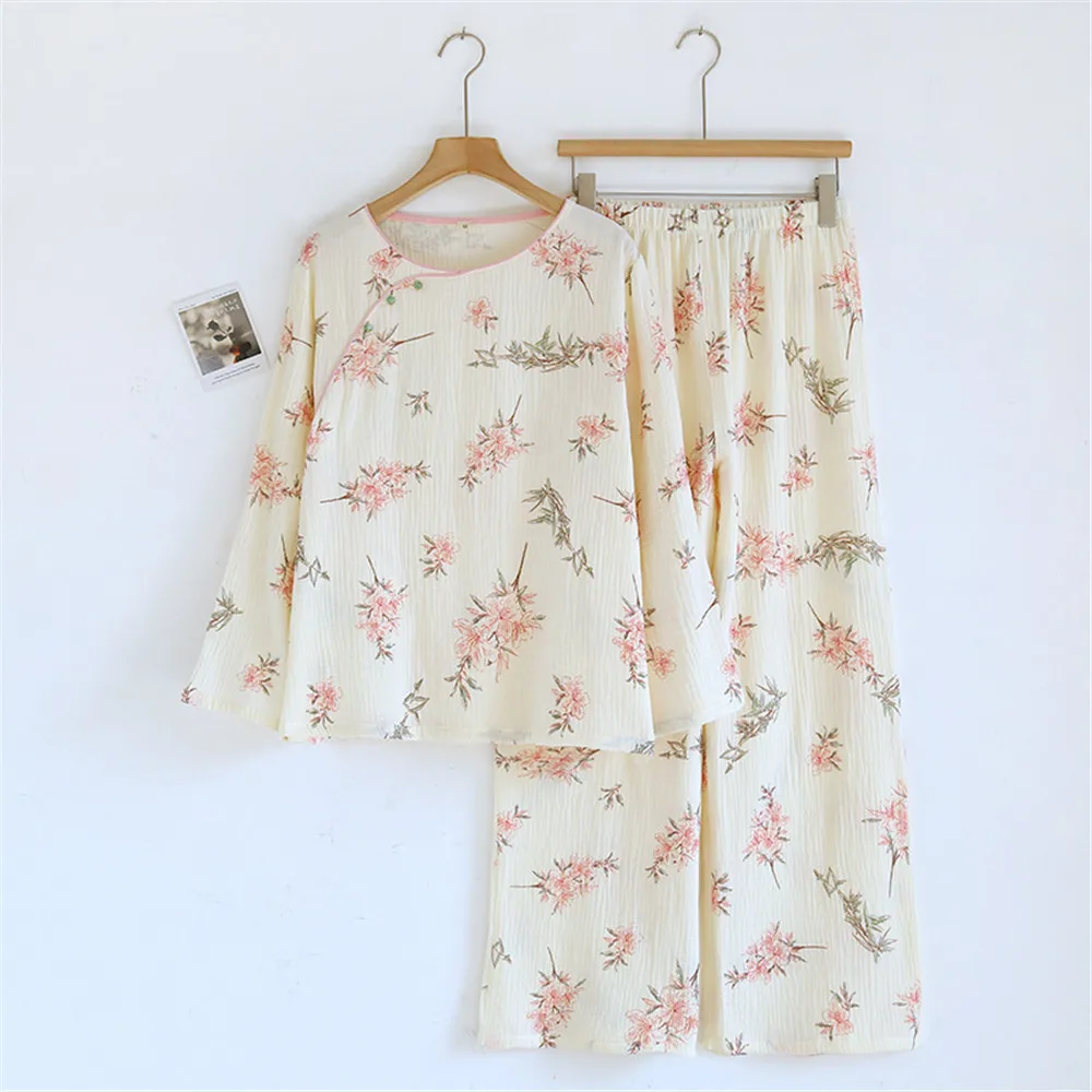 

Women Pajamas 2-Piece Set Cotton Gauze O-Neck Pullover Pants Print Pajamas Homewear Ladies Pajamas Women Sleepwear