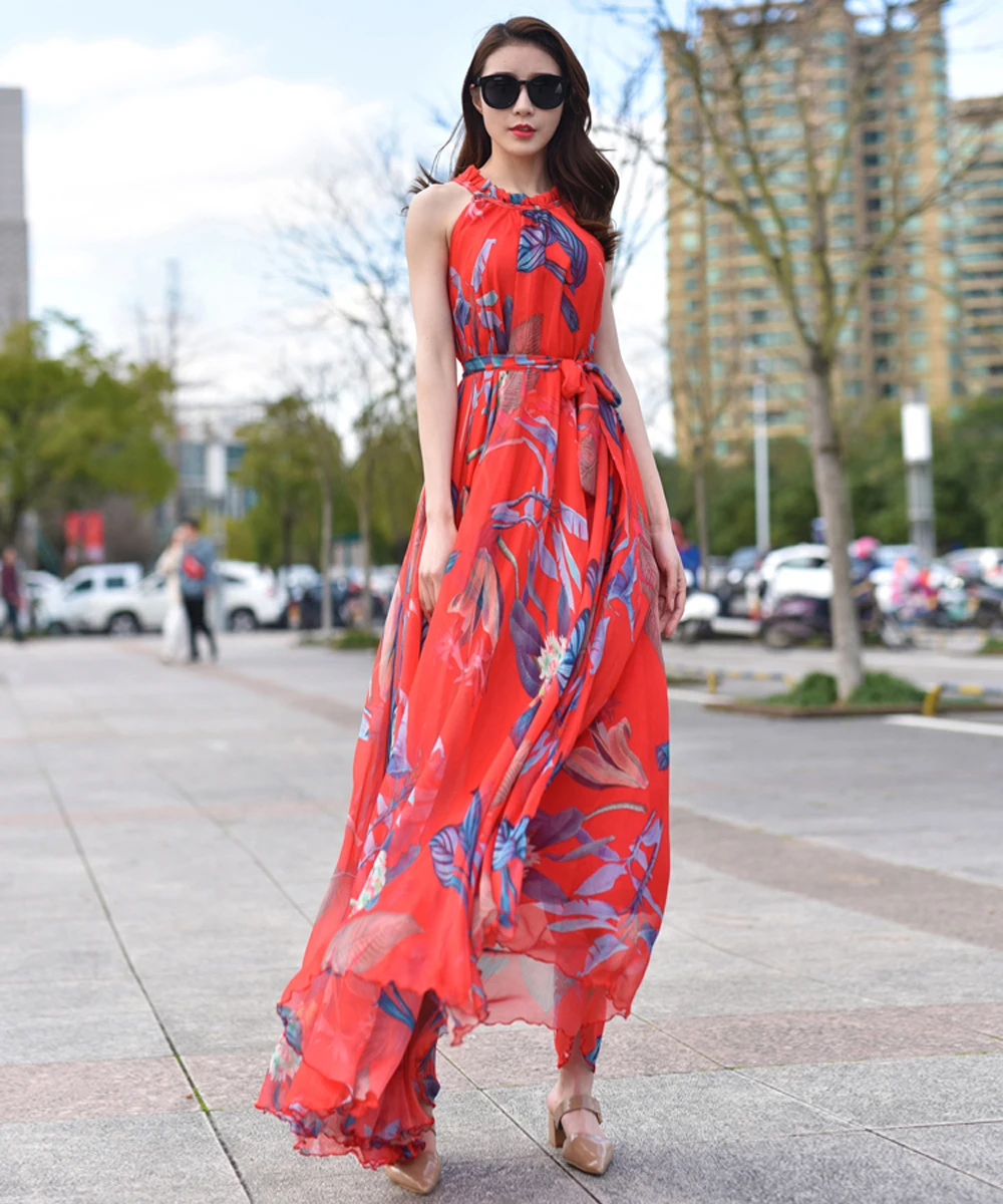 Summer Tropical Floral Bohemian Beach Photograph Sleeveless Maxi Dress Chiffon Holidays Party Female Dress Sleeveless Sundress