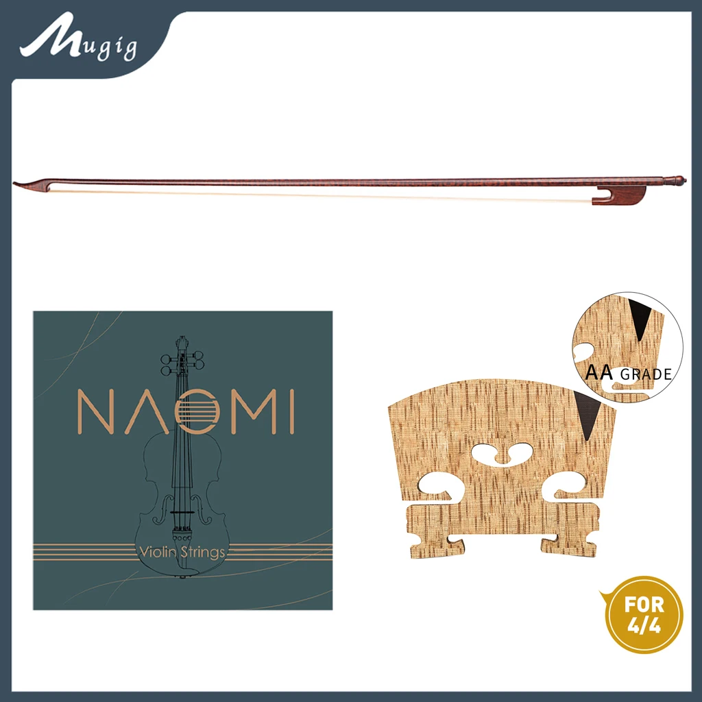 

AA Grade Violin Bridge + Advanced Baroque Snakewood 4-4 Fiddle Bow + NAOMI 4/4 Acosutic Violin Strings For DIY Violin Parts SET