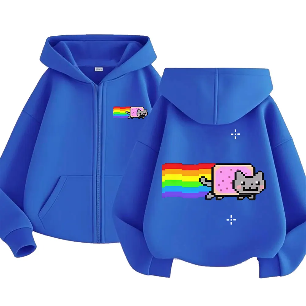 Game Rainbow Nyan Cat Funny Meme Zipper Hoodie Herren Damen Casual Humor Zip Up Jacke Fleece Baumwolle Übergroßes Zip Up Sweatshirt – Detail 5