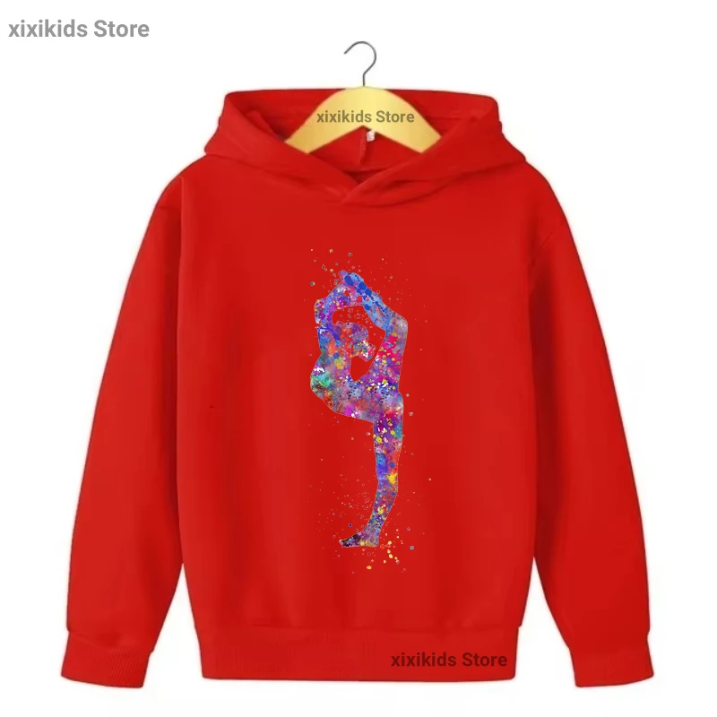 2025 Watercolor Artistic Gymnastics Printed Cap Hoodies Funny Sports Kids Clothes Spring/ Autumn/Winter Plus Velvet Sweatshirt