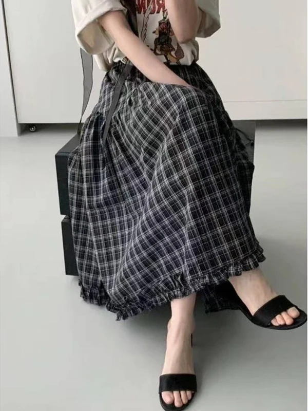 

Retro Lace Plaid Loose High Waist A-Line Long Skirt Women's Summer 2025 New Sle Commute Thin Material Long Skirt