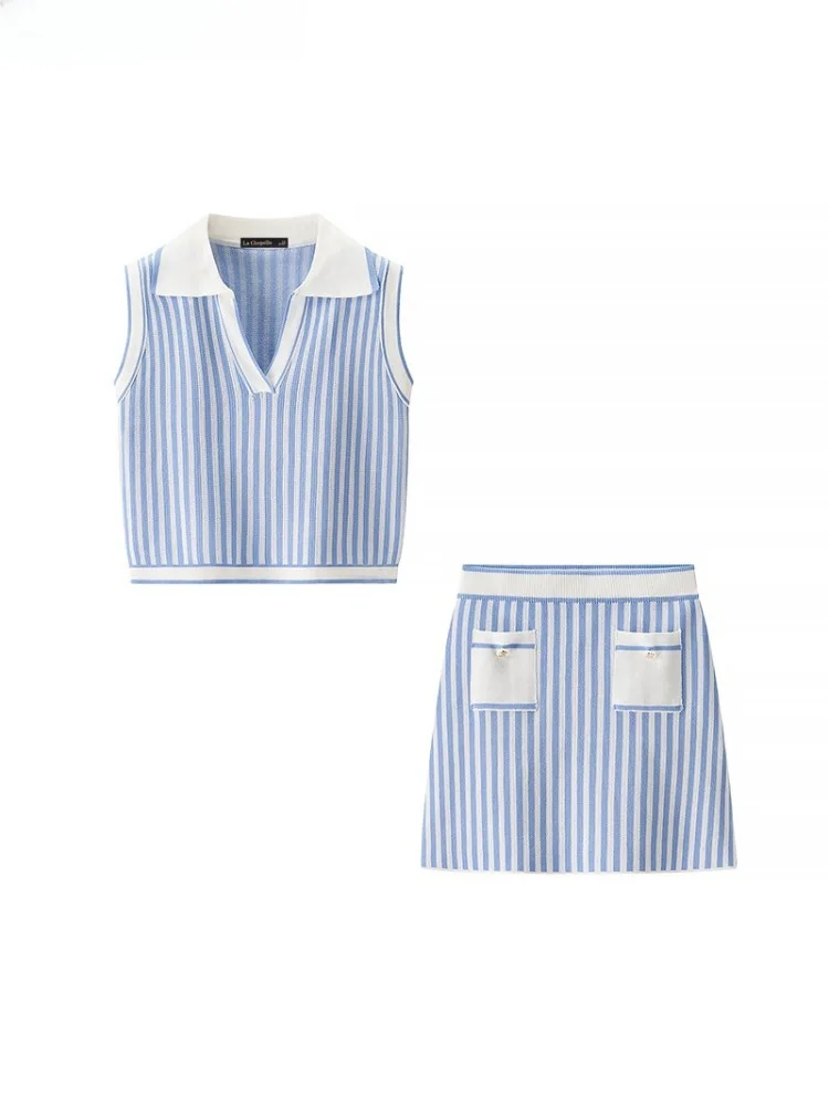 

La Chapelle, летний вязаный комплект в синюю полоску, жилет с воротником-стойкой, комплект с юбкой, женский костюм из двух предметов Faion Ensemble