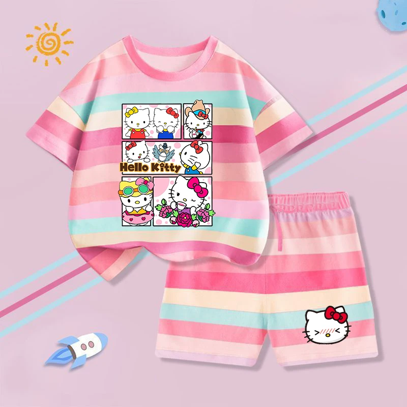

Kawaii Hello Kitty Striped T-shirt+shorts Set Cute Anime Figures Short Sleeve Trendy Casual Loose Tee Top Children Clothing Gift