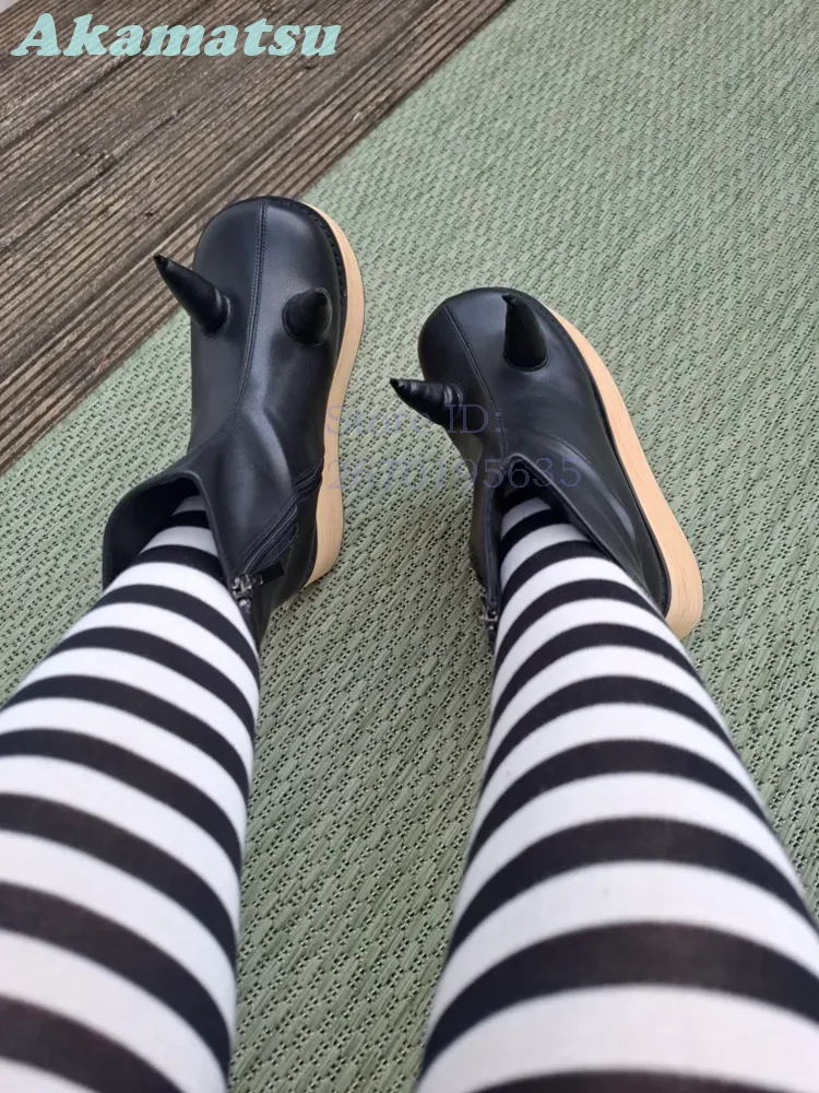 Black Devil Horn Platform Ankle Boots Wood Wedges Side Zipper Punk Goth Mid Calf Boots 2026 New Halloween Novelty Women Shoes