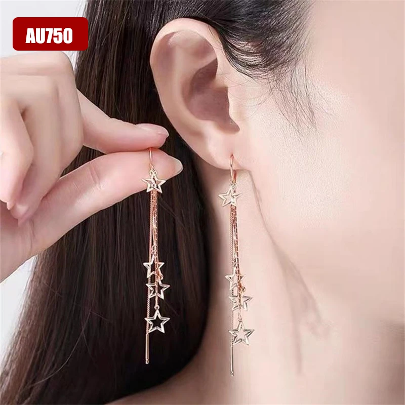 Real 18K Gold Pendant Earrings Women's Premium Jewelry AU750 Stars Earring Piercing Line Fine Jewelry Gifts