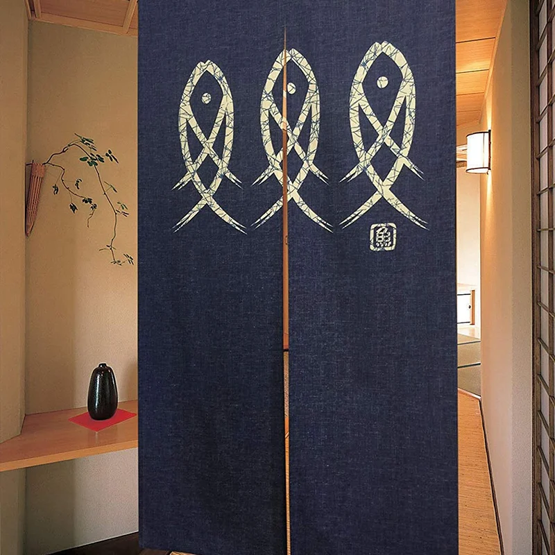 Cortina de puerta Noren japonesa, tapiz de pez de personaje antiguo para decoración del hogar, azul, 33x59 pulgadas