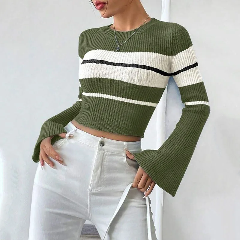 スリムフィットストライプニットセーター2025秋ラウンドネック長袖ベルスリーブオフィスレディトップス