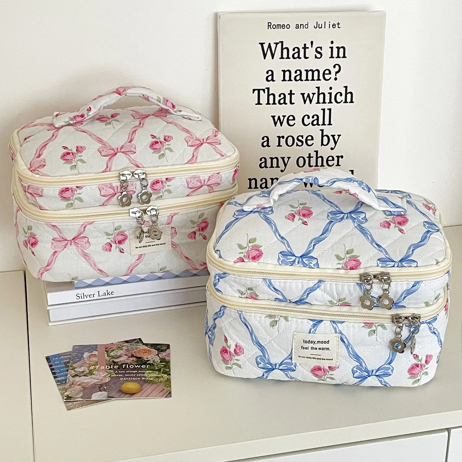 YT Portable Cosmetic Storage Bag with Bow and Floral Design, Double-Layer Makeup Bag, High-Value Ins-Style Large Capacity Toilet