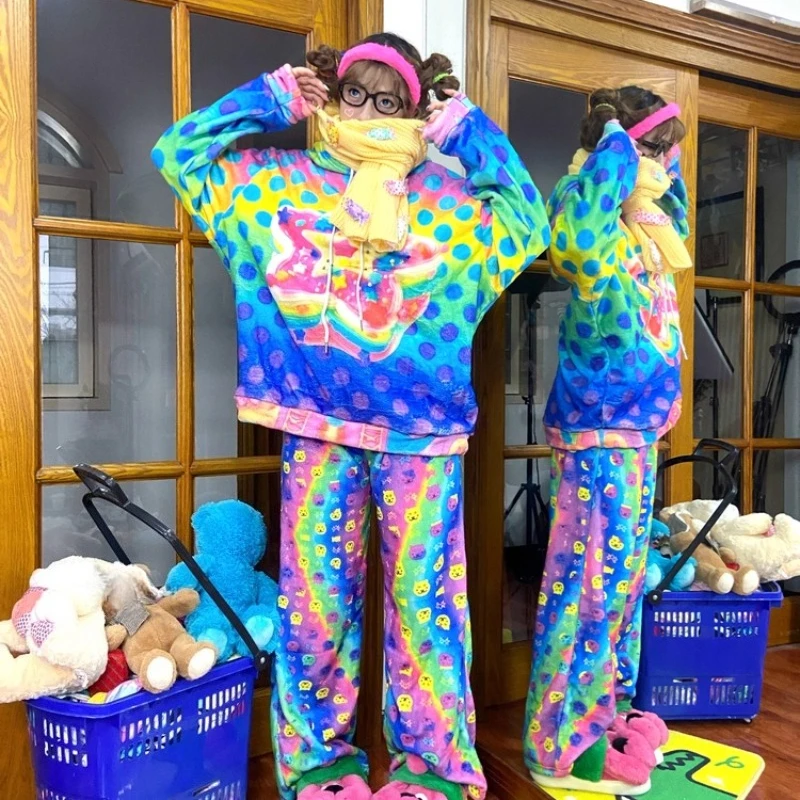 التصميم الأصلي Y2K الحيوان طباعة المرأة سراويل تقليدية النمط الياباني الخريف الشتاء جديد فضفاض الصوف مبطن سراويل طويلة السيدات #3