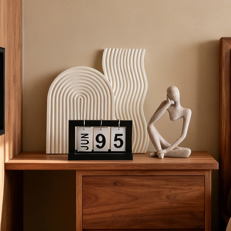 Minimalist Abstract Resin Decor Set Thinker Statue Perpetual Calendar Wave Ornament for Living Room Study Tabletop Home Gift
