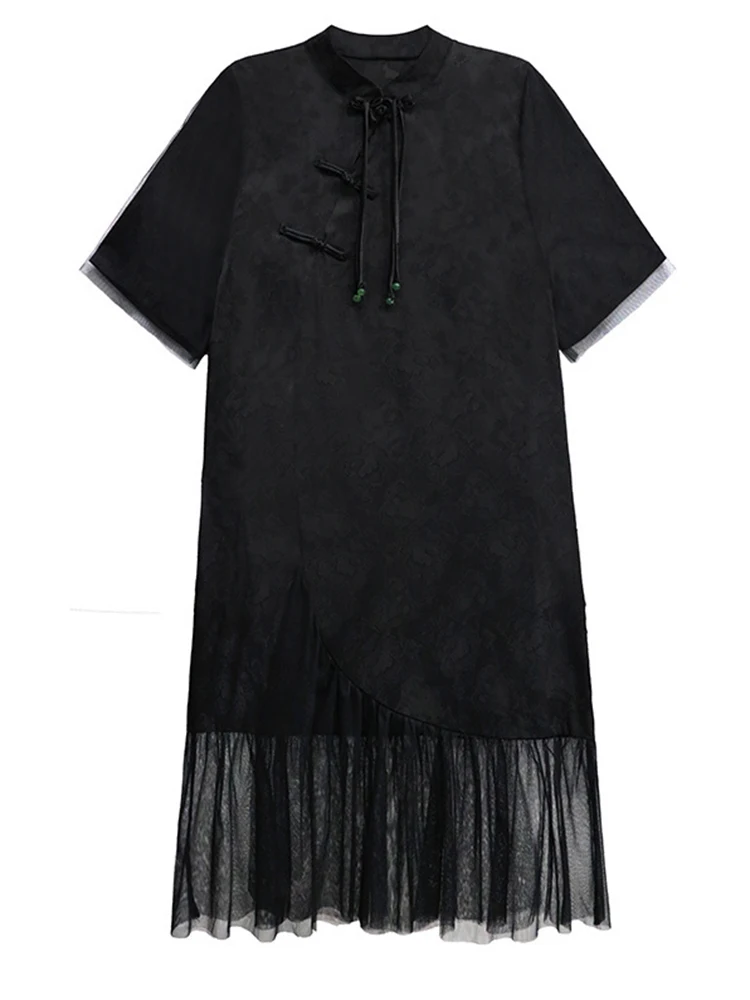 [EAM] Women Black Mesh Hem Big Size Vintage Dress New Stand Collar Sleeve Fashion Tide Spring Summer 2024 1DH6494 1DH6494