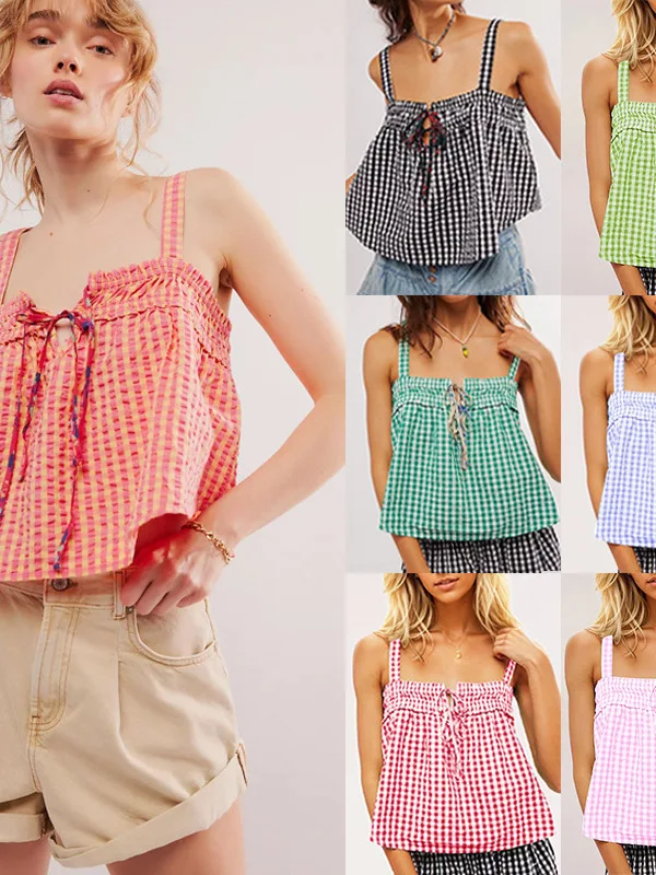 Summer 2025 Sexy Plaid Gored Paneling Women's Top European Sle Polyester Fiber Hot Spicy Crop Top for Ladies