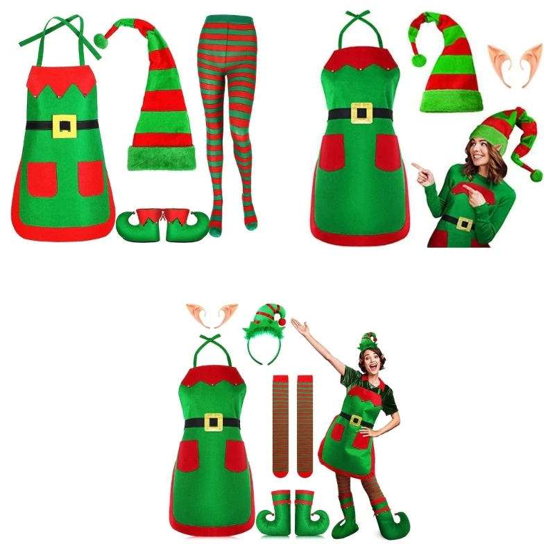 

634C Christmas Santa Elf Costume Holiday Elf Costume Elf Ears Stripe Stocking Elf Hat Shoes Belt Apron for Christmas Party