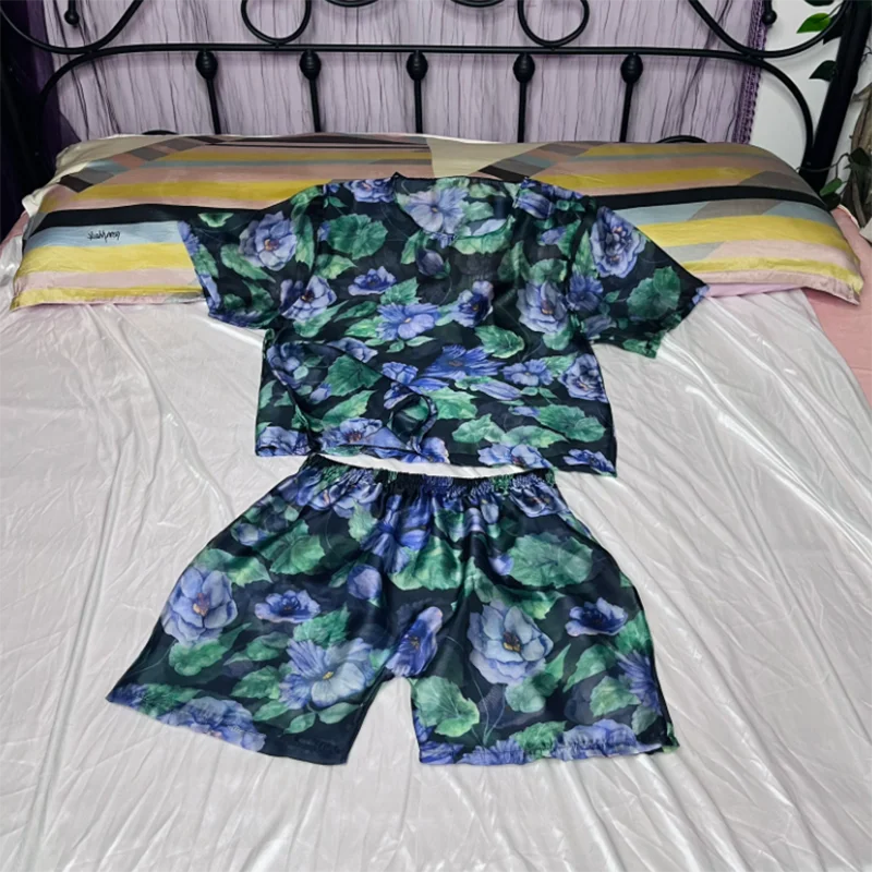 

Plus Size Men Sexy Glossy Silk Satin See Through Pajamas two-piece Set Women Erotic Soft Silky Printed Loose Sleeping Top Shorts