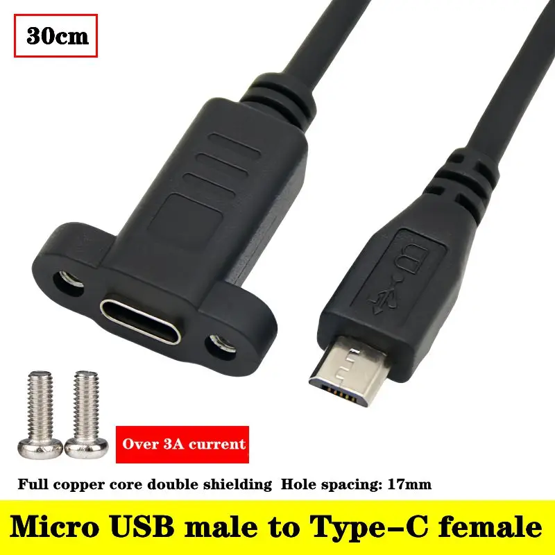 30cm Android Micro USB Male to Type-C Female Extension Cable With Ear Screw Hole Panel USB 2.0 Data Cable