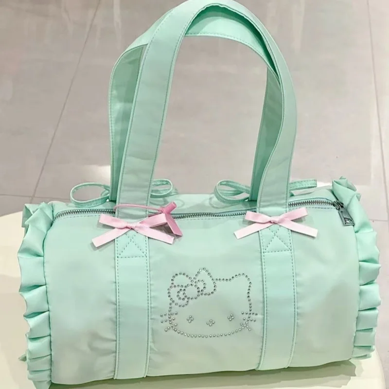 Sanrio Diamond Hellokitty Y2k Shoulder Bags Bow Lace-Up Green Casual Handbags Cartoon Printed Kt High Capacity Bag For Women Gif