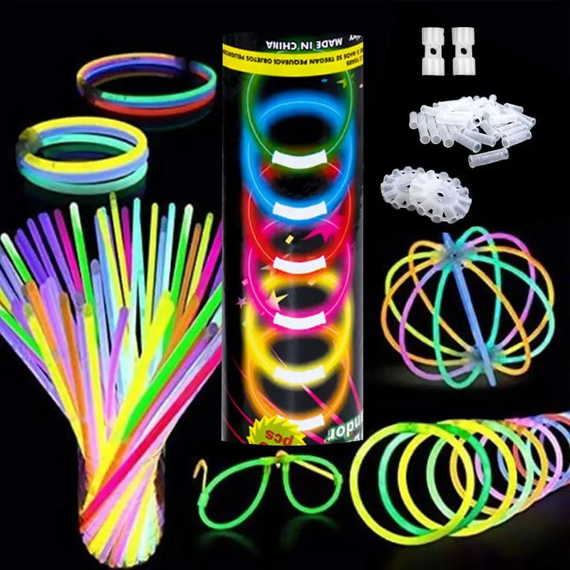 200 Uds. Kit de gafas que brillan en la oscuridad, 100 palos de fiesta, pulseras, collares, paquete de fiesta brillante de 12 horas, 8 pulgadas para fiesta en casa