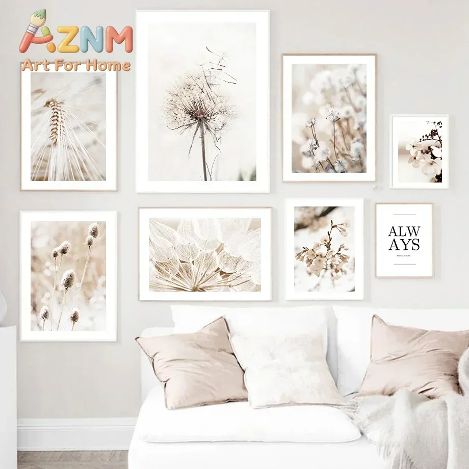 AZNM Neutral Dandelion Pampas Grass Canvas Wall Art Beige Dried Flower Botanical Poster, Unframed Canvas Print for Boho Living R