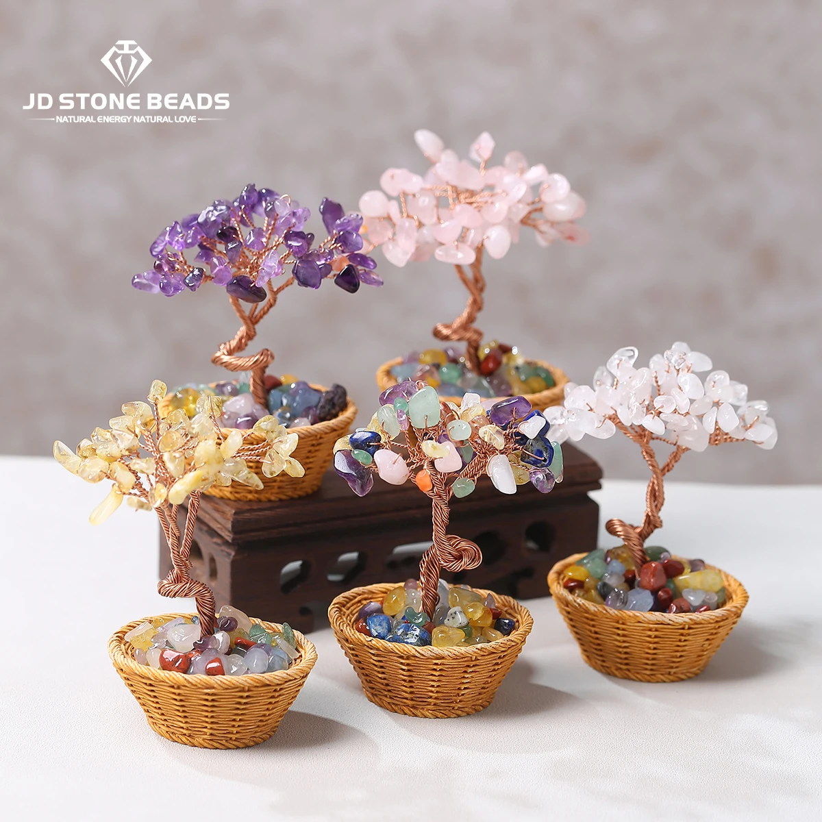 Natural Amethyst Gravel Stone Wealth Tree Basket Shape Copper Wire Wrapped Lucky Feng Shui Tree Reiki Healing Tabletop Ornaments