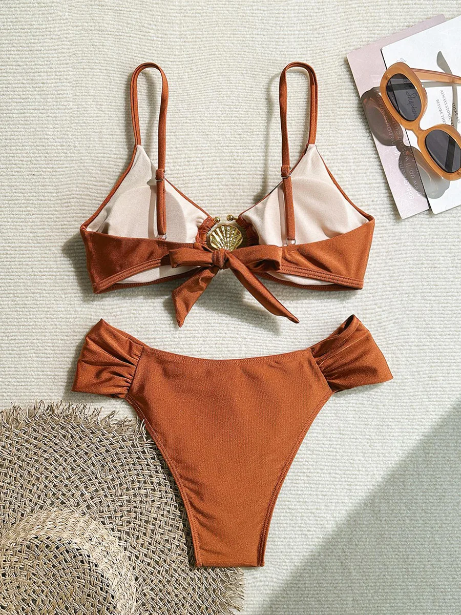 S - XL Metal Shell Halter Female Swimsuit High Waist Bikini Women Swimwear Two-pieces Bikini set Bather Bathing Suit Swim Lady