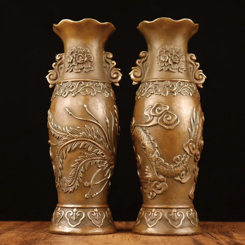 Dragon and Phoenix Wave Pattern Pair of Vases, Bronze Collectible, Brass Ornament, Home Decoration, Creative Gift, Craft Item