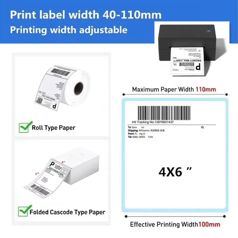 طابعة ملصقات شحن بدون حبر 4x6 USB بلوتوث Express Waybill عنوان الباركود رمز الاستجابة السريعة لاصق ملصق طابعة ملصقات حرارية